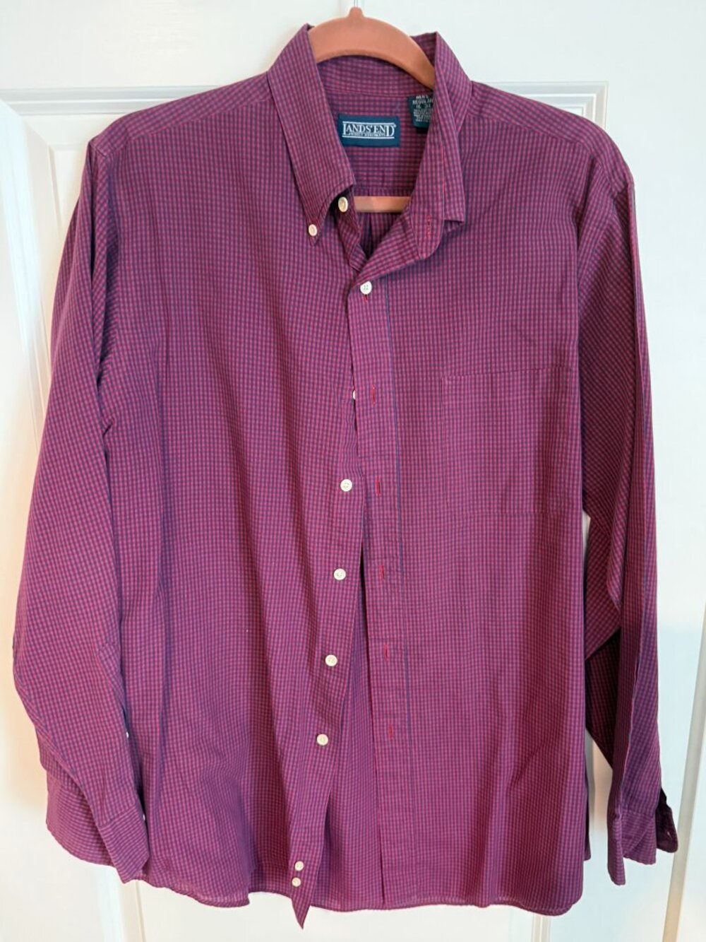 Lands' End Men's 16-34 Red Navy Gingham Button Down Dress Shirt EUC